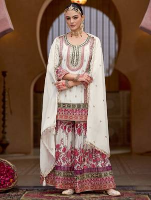 White embroidery sequins stone & mirror work with digital print chinnon straight sharara suit 42 2