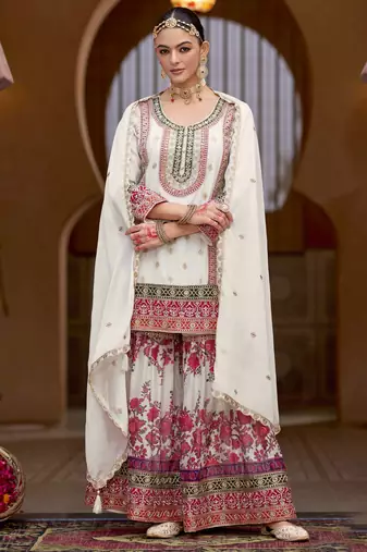 White embroidery sequins stone & mirror work with digital print chinnon straight sharara suit 42