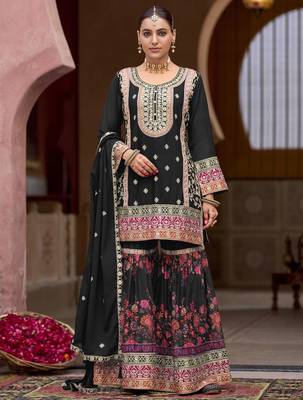 Black embroidery sequins stone & mirror work with digital print chinnon straight sharara suit 42 1