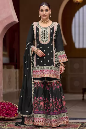 Black embroidery sequins stone & mirror work with digital print chinnon straight sharara suit 42