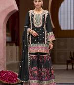 Black embroidery sequins stone & mirror work with digital print chinnon straight sharara suit 42