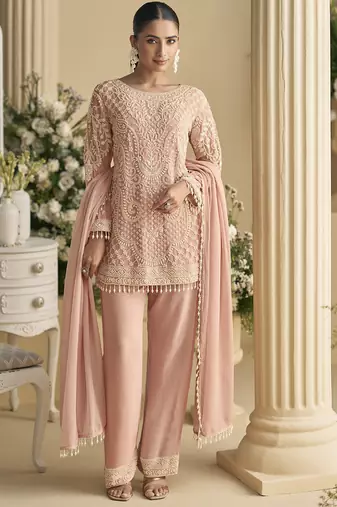 Light peach georgette and net embroidered beads work salwar suit