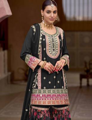 Black embroidery sequins stone & mirror work with digital print chinnon straight sharara suit 42 2