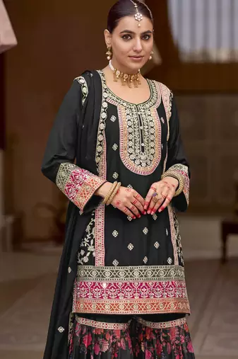 Black embroidery sequins stone & mirror work with digital print chinnon straight sharara suit 42
