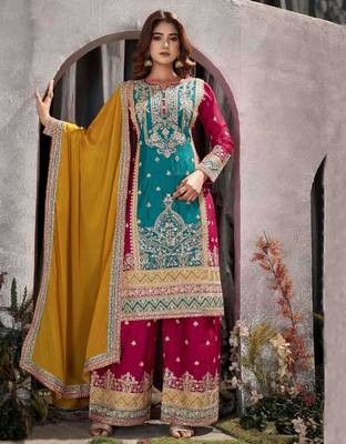 Multi embroidery & mirror chinnon straight palazoo suit-- Full stitched free size 1