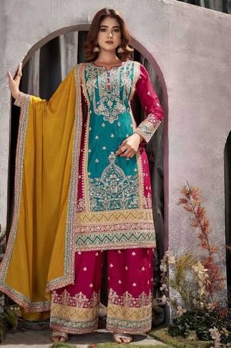 Multi embroidery & mirror chinnon straight palazoo suit-Full stitched free size