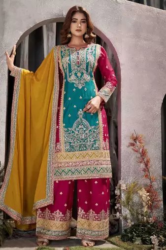 Multi embroidery & mirror chinnon straight palazoo suit-- Full stitched free size