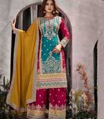 Multi embroidery & mirror chinnon straight palazoo suit-- Full stitched free size