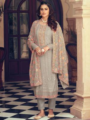 Fawn embroidered & sequince georgette straight palazoo suit-Full stitched free size 1