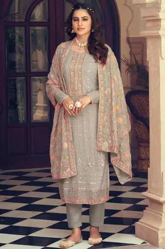 Fawn embroidered & sequince georgette straight palazoo suit-Full stitched free size