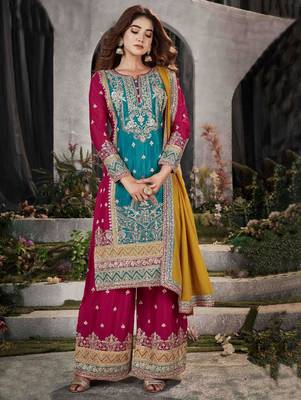 Multi embroidery & mirror chinnon straight palazoo suit-- Full stitched free size 2