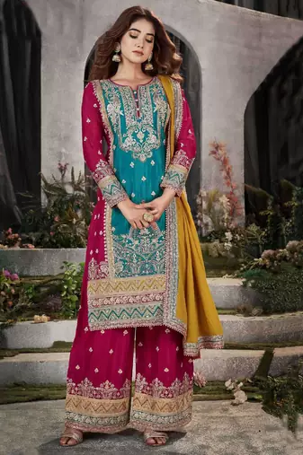 Multi embroidery & mirror chinnon straight palazoo suit-- Full stitched free size