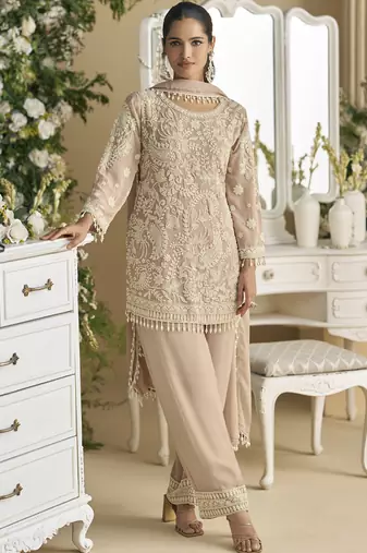 Beige georgette and net embroidered beads work salwar suit