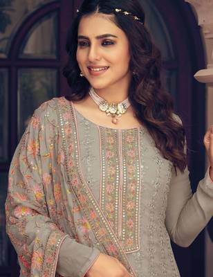 Fawn embroidered & sequince georgette straight palazoo suit-Full stitched free size 2