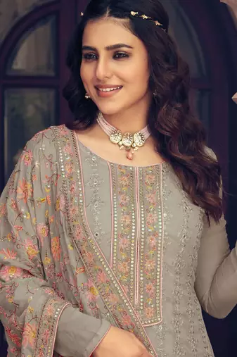 Fawn embroidered & sequince georgette straight palazoo suit-Full stitched free size