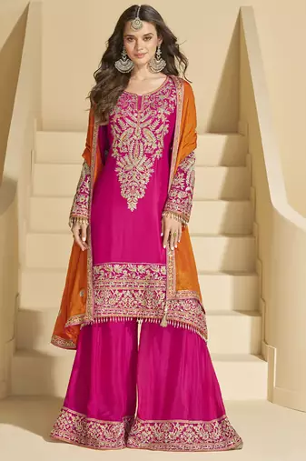 Pink chinon silk embroidered Palazzo suit