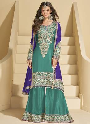 Rama green chinon silk embroidered Palazzo suit 1