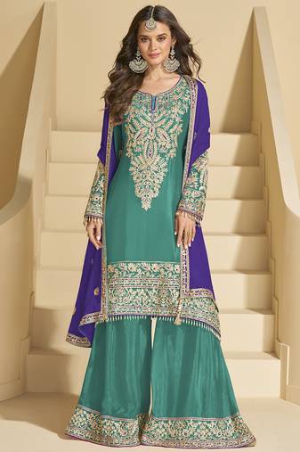 Rama green chinon silk embroidered plazzo suit