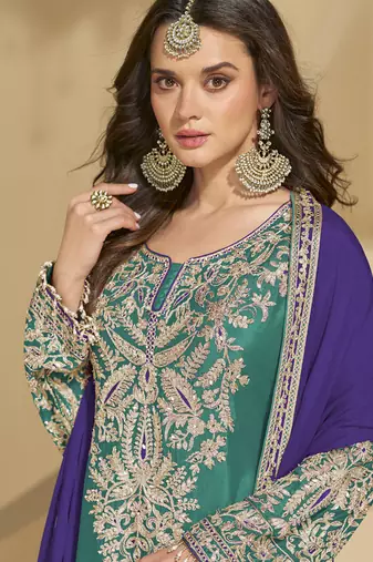 Rama green chinon silk embroidered Palazzo suit