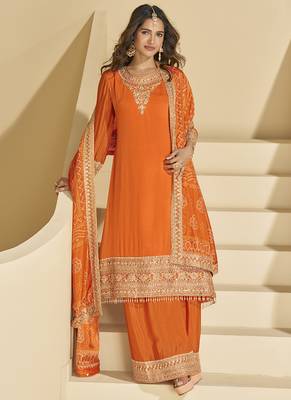 Orange chinon silk embroidered Palazzo suit 1