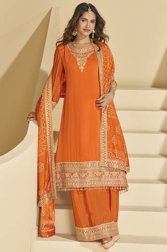 Orange chinon silk embroidered plazzo suit