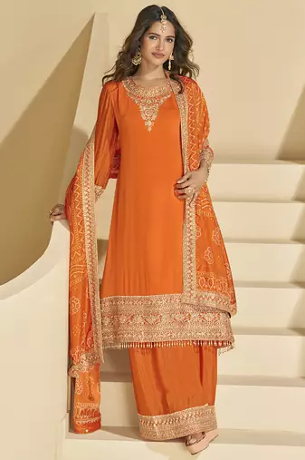 Orange chinon silk embroidered plazzo suit