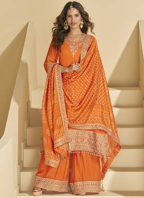 Orange chinon silk embroidered Palazzo suit 2