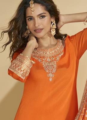 Orange chinon silk embroidered Palazzo suit 4