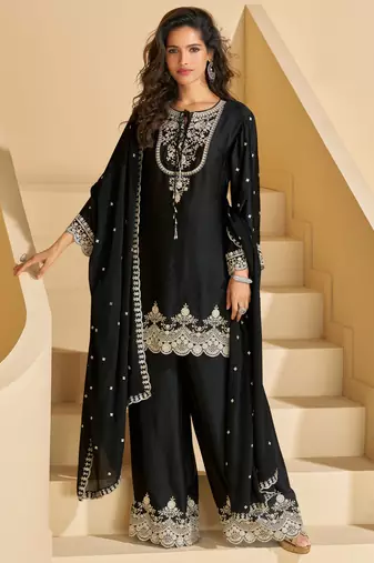 Black thared embroidery & sequins chinnon silk straight palazzo suit-Full stitched free size
