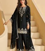 Black thared embroidery & sequins chinnon silk straight palazzo suit-- Full stitched free size