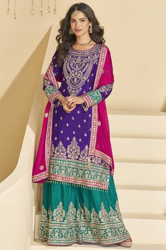 Violet chinon silk embroidered plazzo suit