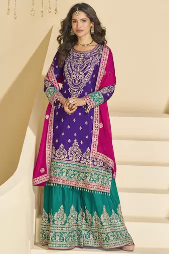 Violet chinon silk embroidered Palazzo suit