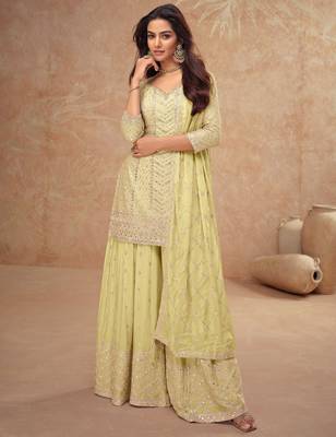 Light yellow embroidery & sequins chinnon straight palazzo suit-- Full stitched free size 1