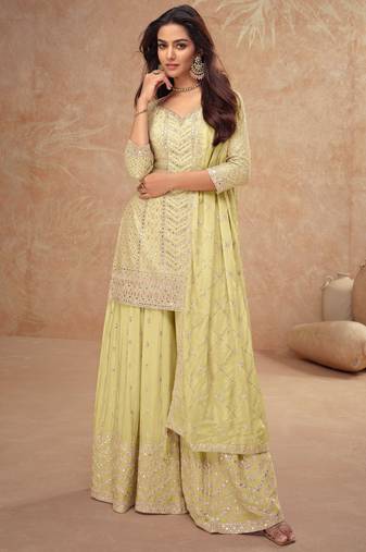 Light yellow embroidery & sequins chinnon straight palazzo suit-Full stitched free size