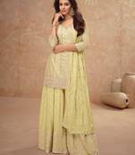 Light yellow embroidery & sequins chinnon straight palazzo suit-- Full stitched free size