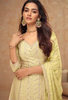 Light yellow embroidery & sequins chinnon straight palazzo suit-- Full stitched free size 2