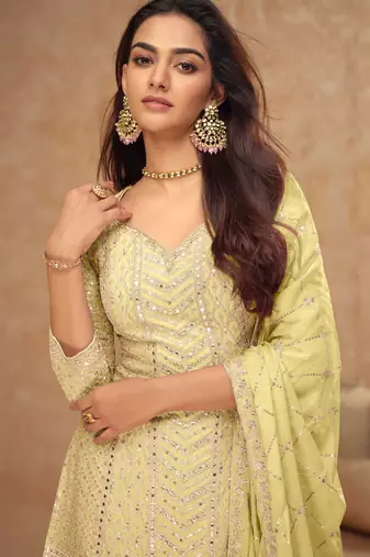 Light yellow embroidery & sequins chinnon straight palazzo suit-- Full stitched free size