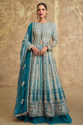 Teal embroidery & sequins gerogette anarkali suit-Full stitched free size