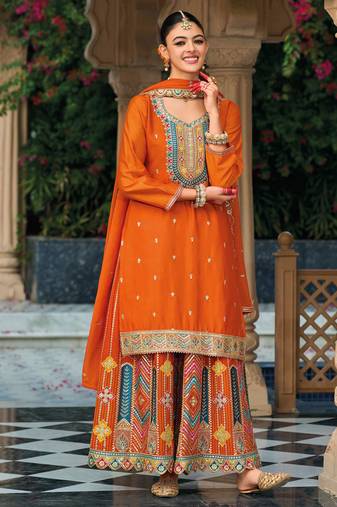 Orange embroidery & sequins chinnon straight palazzo suit-Full stitched free size