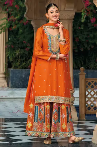 Orange embroidery & sequins chinnon straight palazzo suit-Full stitched free size