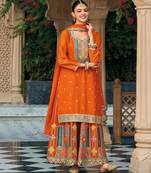 Orange embroidery & sequins chinnon straight palazzo suit-- Full stitched free size