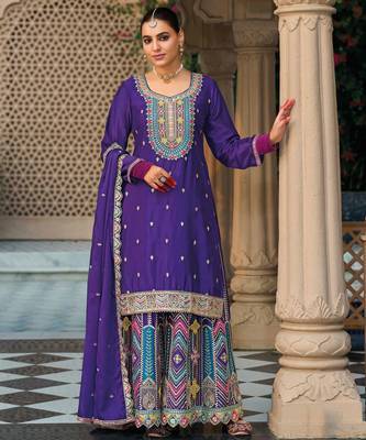 Purple embroidery & sequins chinnon straight palazzo suit-- Full stitched free size 1