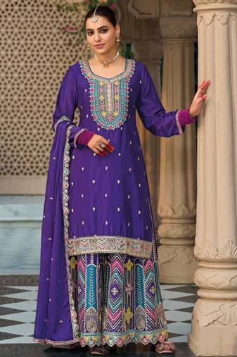 Purple embroidery & sequins chinnon straight palazzo suit-Full stitched free size