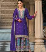 Purple embroidery & sequins chinnon straight palazzo suit-- Full stitched free size