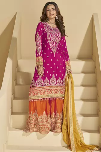 Rani pink chinon silk embroidered Palazzo suit
