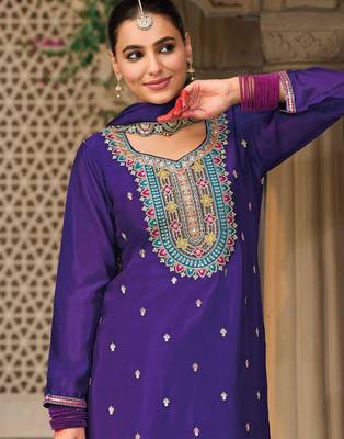 Purple embroidery & sequins chinnon straight palazzo suit-- Full stitched free size 2