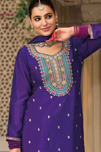 Purple embroidery & sequins chinnon straight palazzo suit-- Full stitched free size