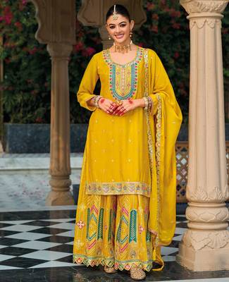 Mustard embroidery & sequins chinnon straight palazzo suit-- Full stitched free size 1