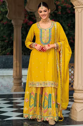 Mustard embroidery & sequins chinnon straight palazzo suit-- Full stitched free size