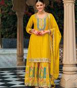 Mustard embroidery & sequins chinnon straight palazzo suit-- Full stitched free size